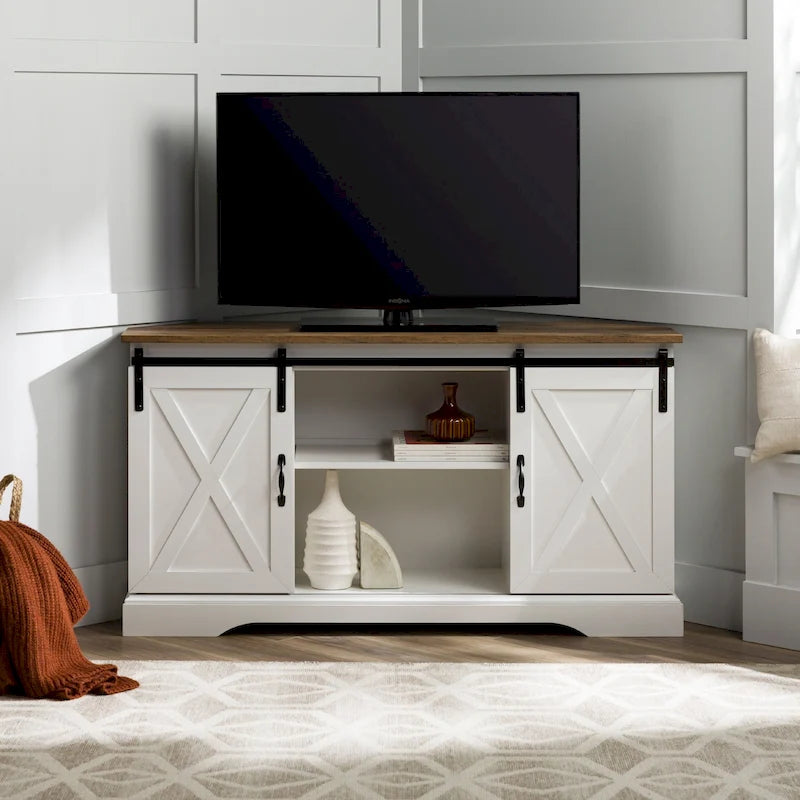 Meuble TV d'angle 52 po avec portes coulissantes – Console style rustique pour téléviseurs jusqu'à 58 po