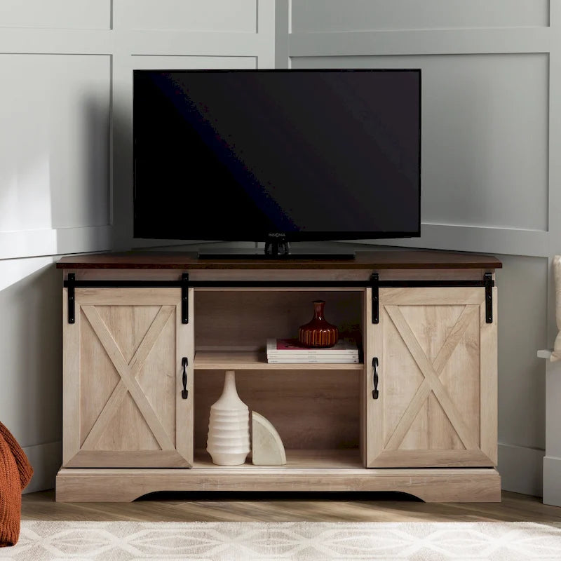 Meuble TV d'angle 52 po avec portes coulissantes – Console style rustique pour téléviseurs jusqu'à 58 po
