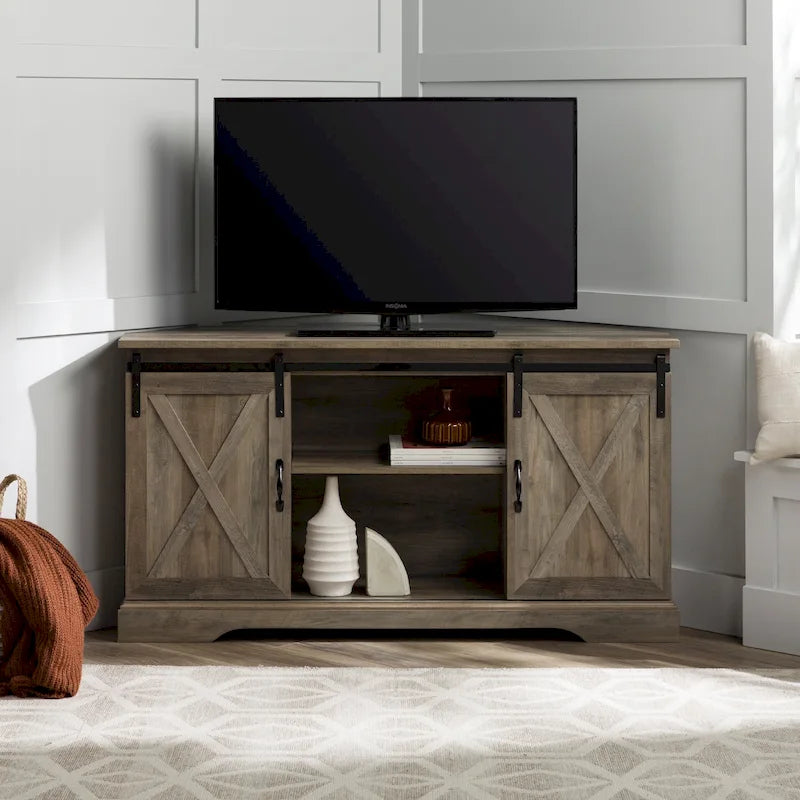 Meuble TV d'angle 52 po avec portes coulissantes – Console style rustique pour téléviseurs jusqu'à 58 po