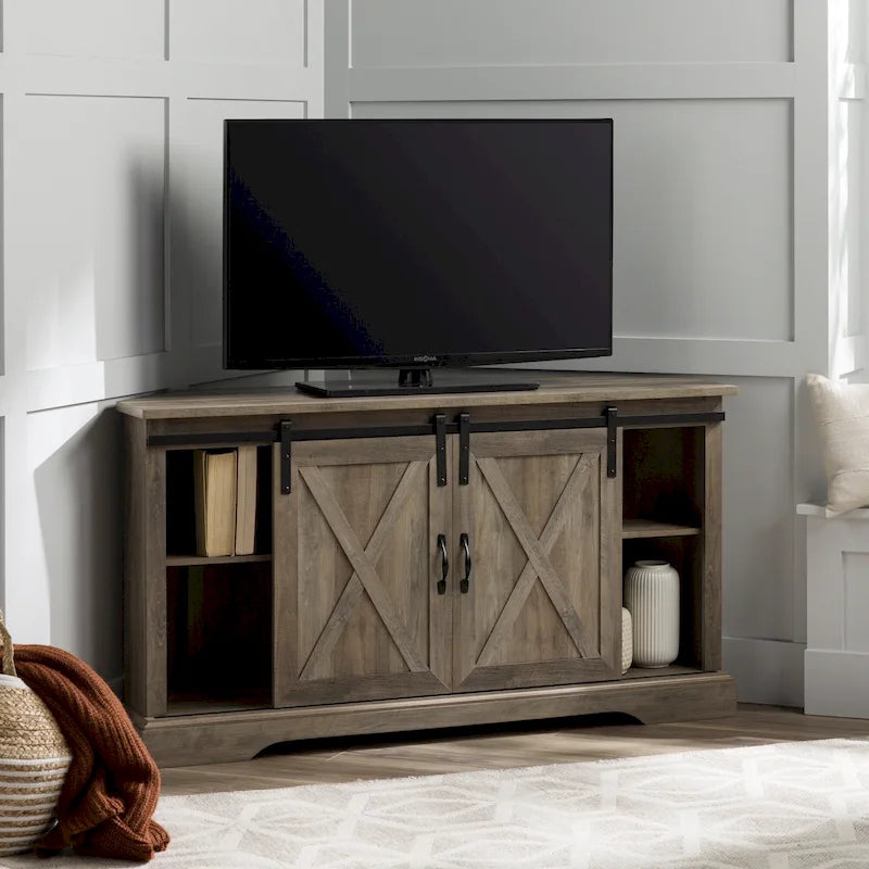 Meuble TV d'angle 52 po avec portes coulissantes – Console style rustique pour téléviseurs jusqu'à 58 po
