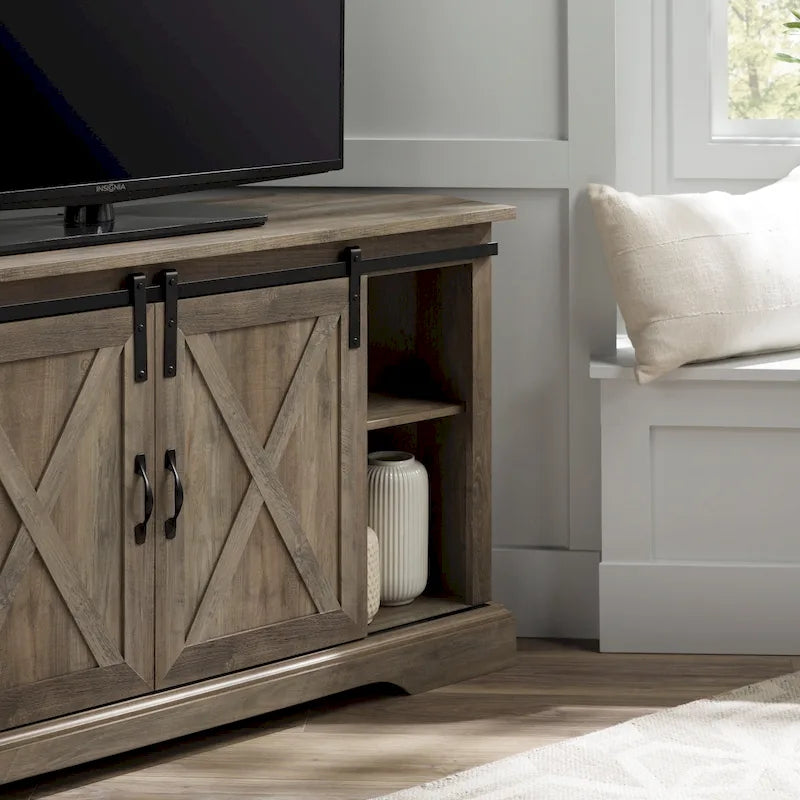 Meuble TV d'angle 52 po avec portes coulissantes – Console style rustique pour téléviseurs jusqu'à 58 po
