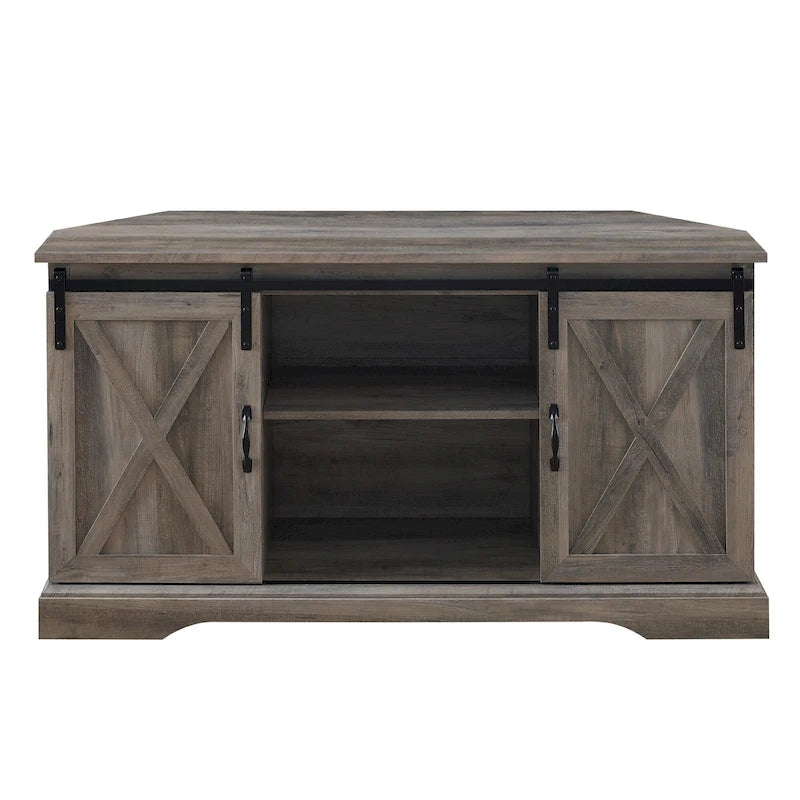 Meuble TV d'angle 52 po avec portes coulissantes – Console style rustique pour téléviseurs jusqu'à 58 po