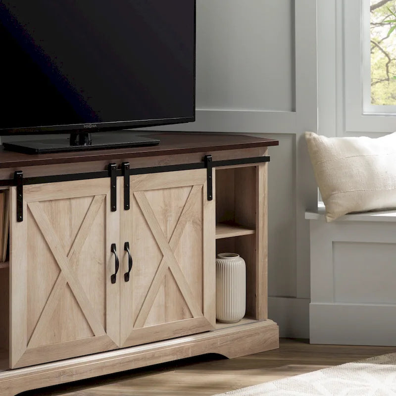 Meuble TV d'angle 52 po avec portes coulissantes – Console style rustique pour téléviseurs jusqu'à 58 po