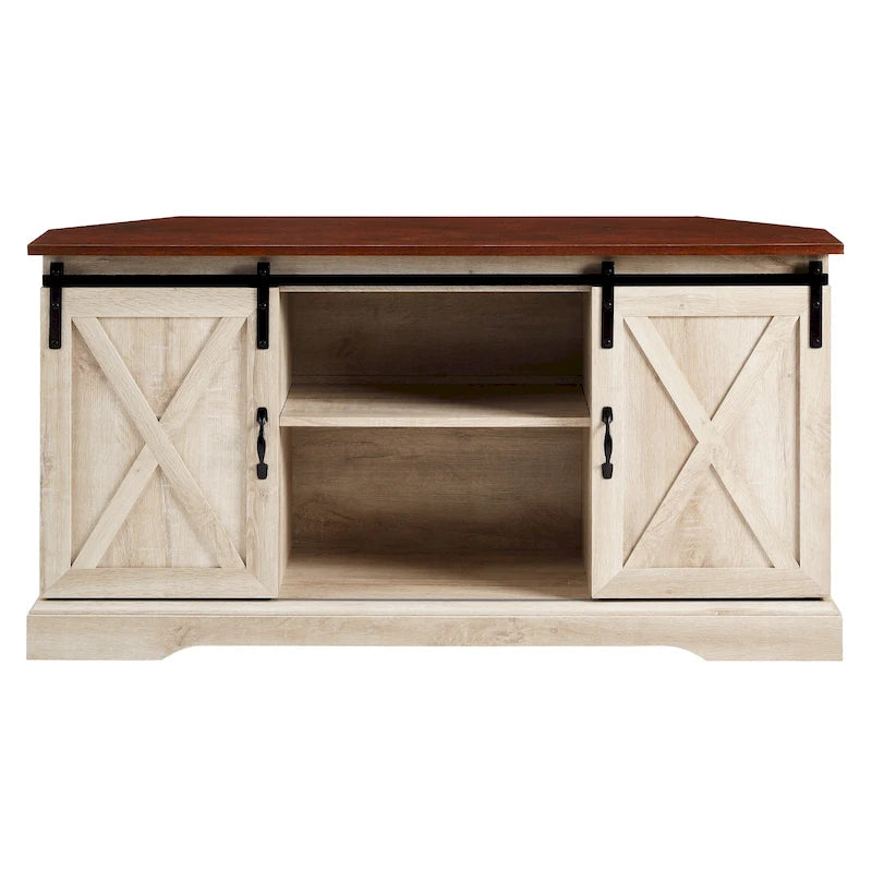 Meuble TV d'angle 52 po avec portes coulissantes – Console style rustique pour téléviseurs jusqu'à 58 po