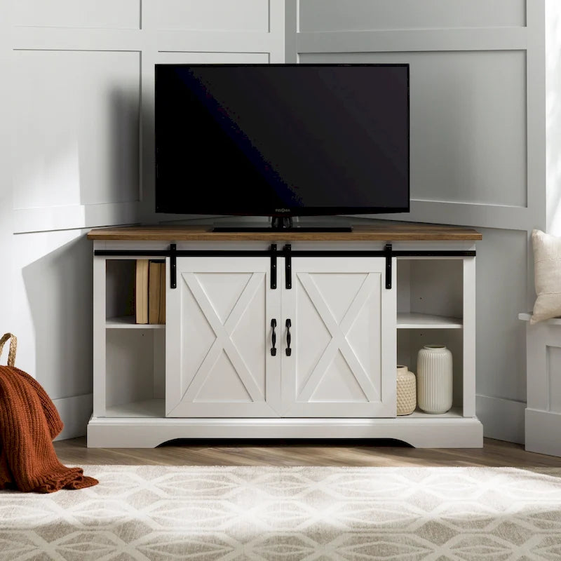Meuble TV d'angle 52 po avec portes coulissantes – Console style rustique pour téléviseurs jusqu'à 58 po