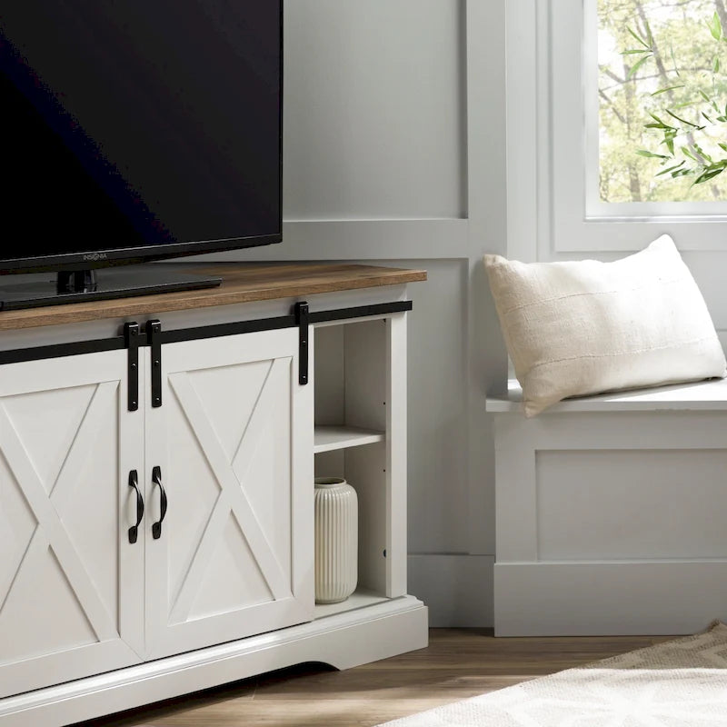 Meuble TV d'angle 52 po avec portes coulissantes – Console style rustique pour téléviseurs jusqu'à 58 po