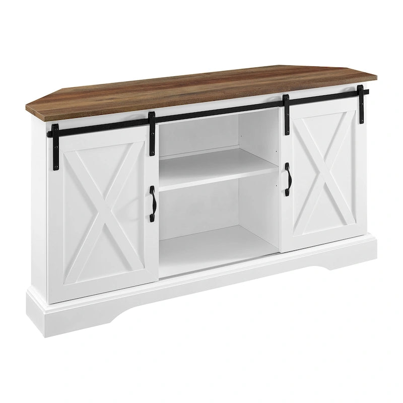 Meuble TV d'angle 52 po avec portes coulissantes – Console style rustique pour téléviseurs jusqu'à 58 po