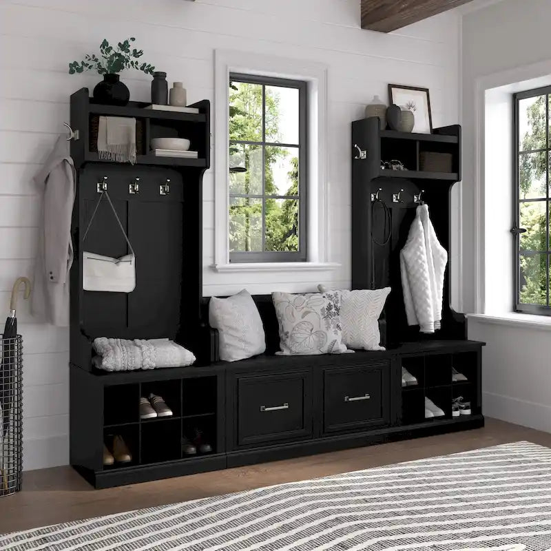 Ensemble meuble d'entrée/vestiaire et banc à chaussures avec portes – Patères, niches de rangement, pour vestiaire/buanderie
