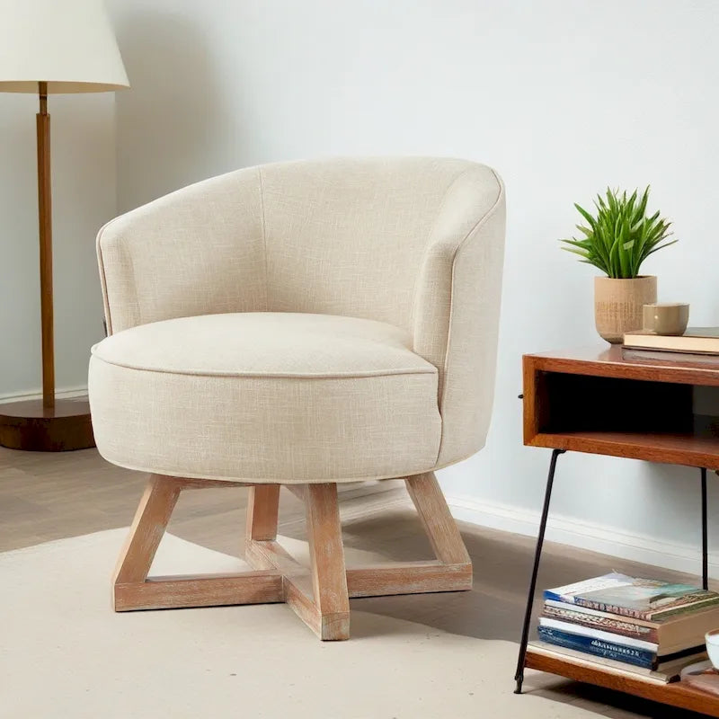 Fauteuil d'appoint pivotant à 360° – Revêtement en lin, piètement en bois d'hévéa, fauteuil de salon