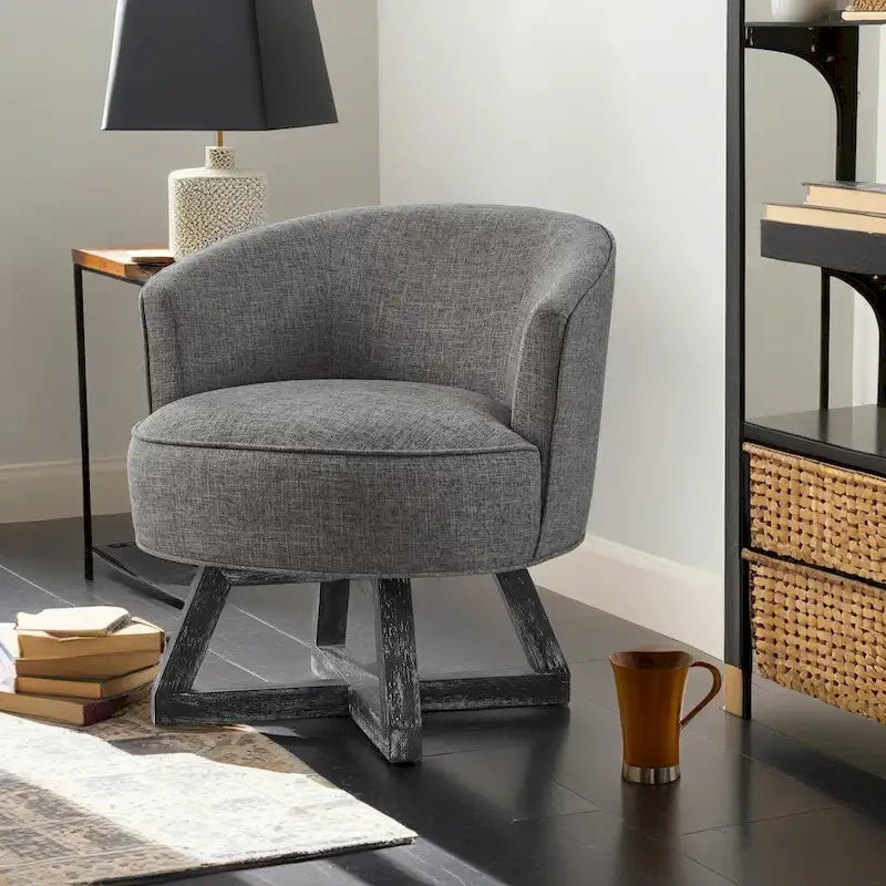 Fauteuil d'appoint pivotant à 360° – Revêtement en lin, piètement en bois d'hévéa, fauteuil de salon
