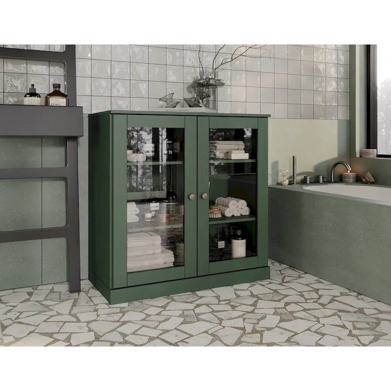 Meuble de salle de bain en bois massif 100%, 32 po, avec portes vitrées claires