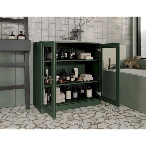 Meuble de salle de bain en bois massif 100%, 32 po, avec portes vitrées claires