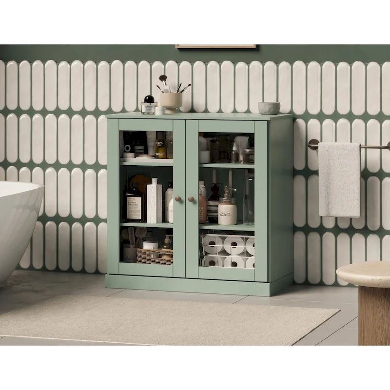 Meuble de salle de bain en bois massif 100%, 32 po, avec portes vitrées claires
