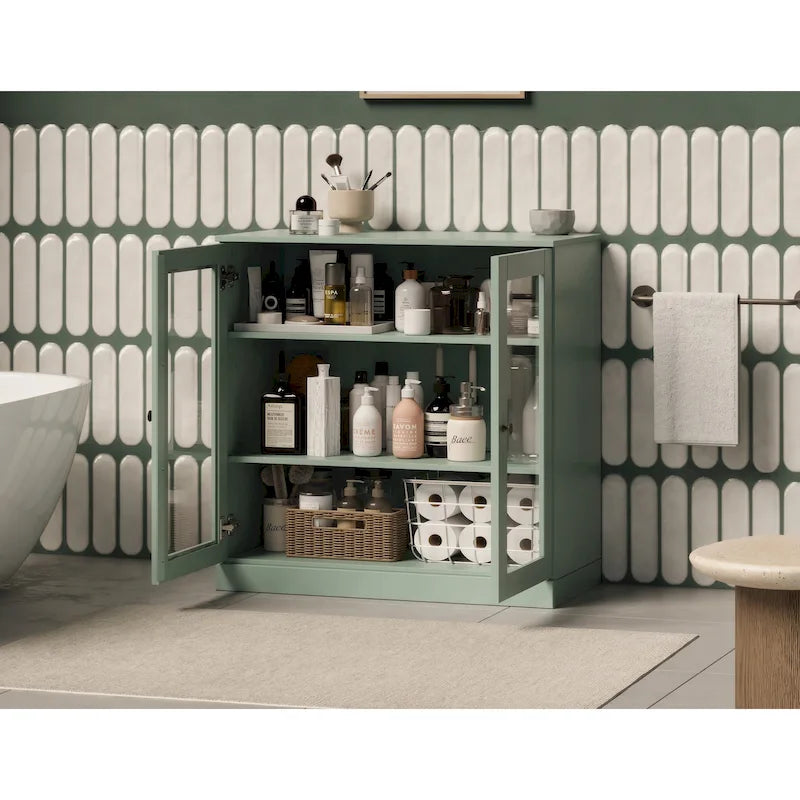 Meuble de salle de bain en bois massif 100%, 32 po, avec portes vitrées claires