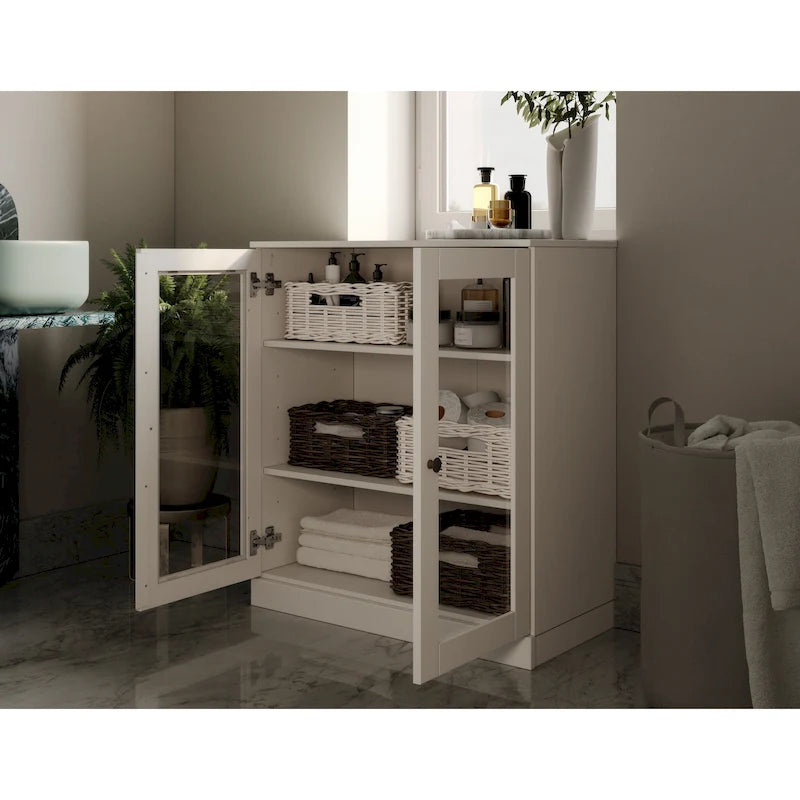 Meuble de salle de bain en bois massif 100%, 32 po, avec portes vitrées claires