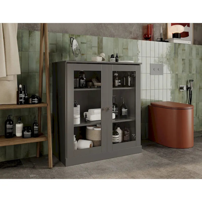 Meuble de salle de bain en bois massif 100%, 32 po, avec portes vitrées claires