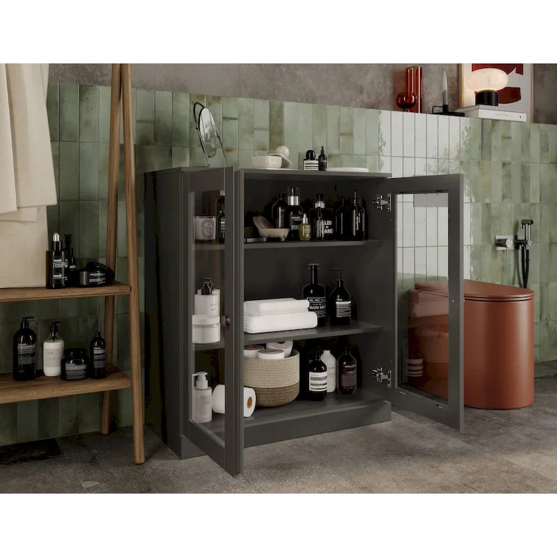 Meuble de salle de bain en bois massif 100%, 32 po, avec portes vitrées claires