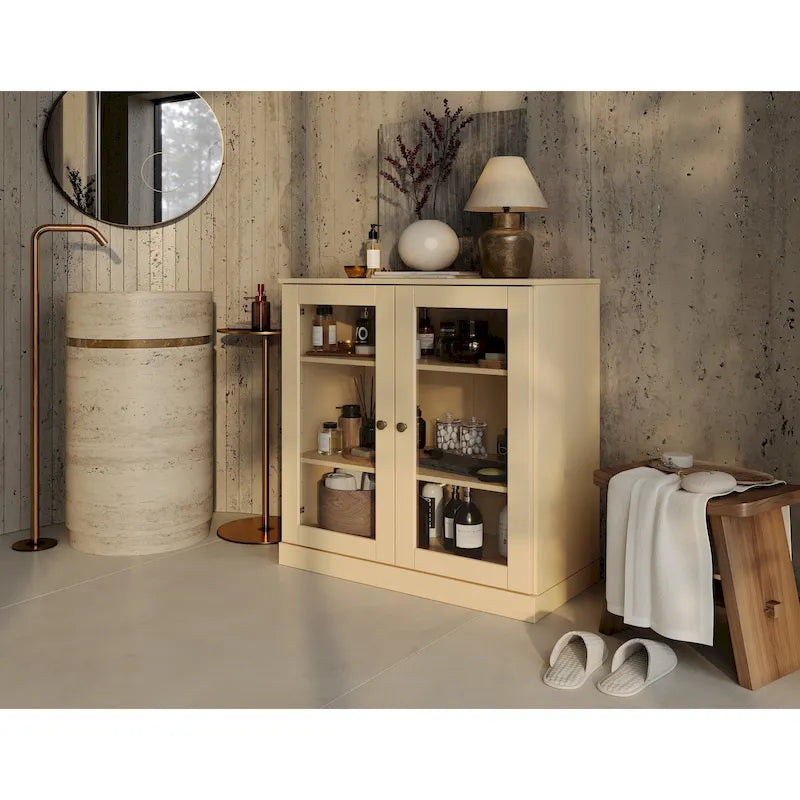 Meuble de salle de bain en bois massif 100%, 32 po, avec portes vitrées claires