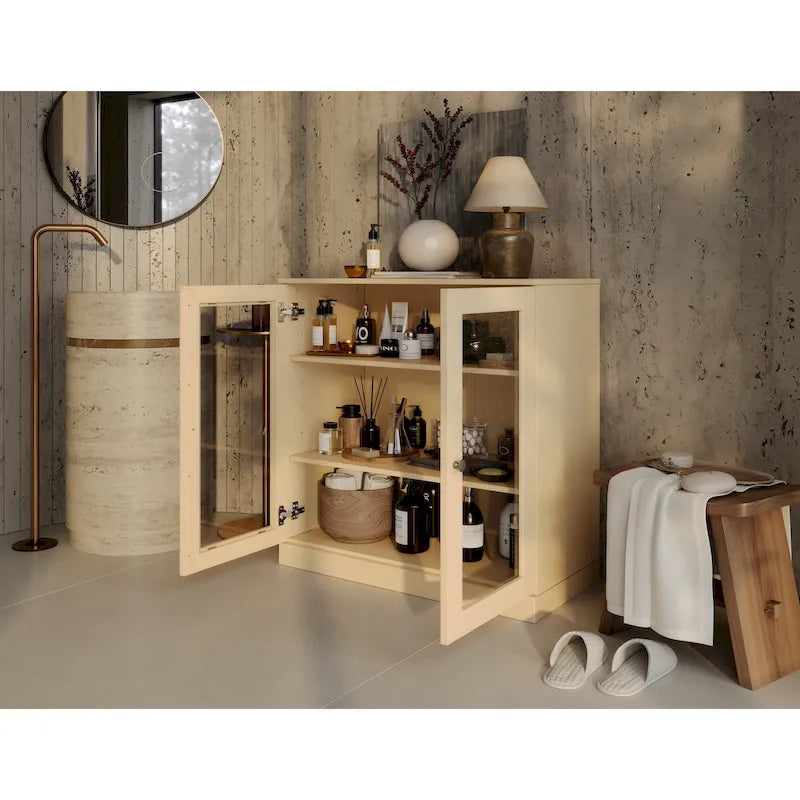 Meuble de salle de bain en bois massif 100%, 32 po, avec portes vitrées claires