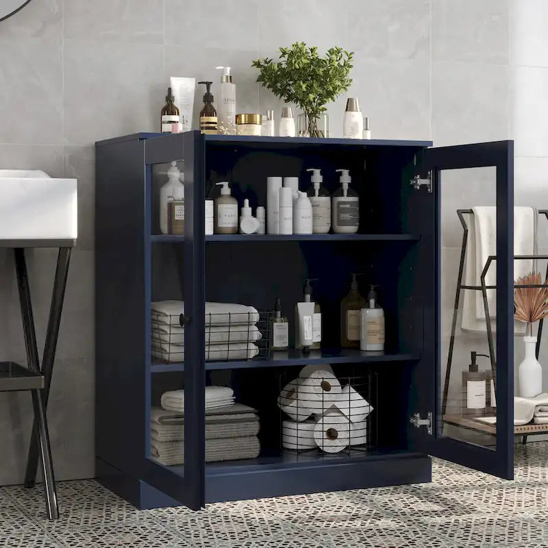 Meuble de salle de bain en bois massif 100%, 32 po, avec portes vitrées claires