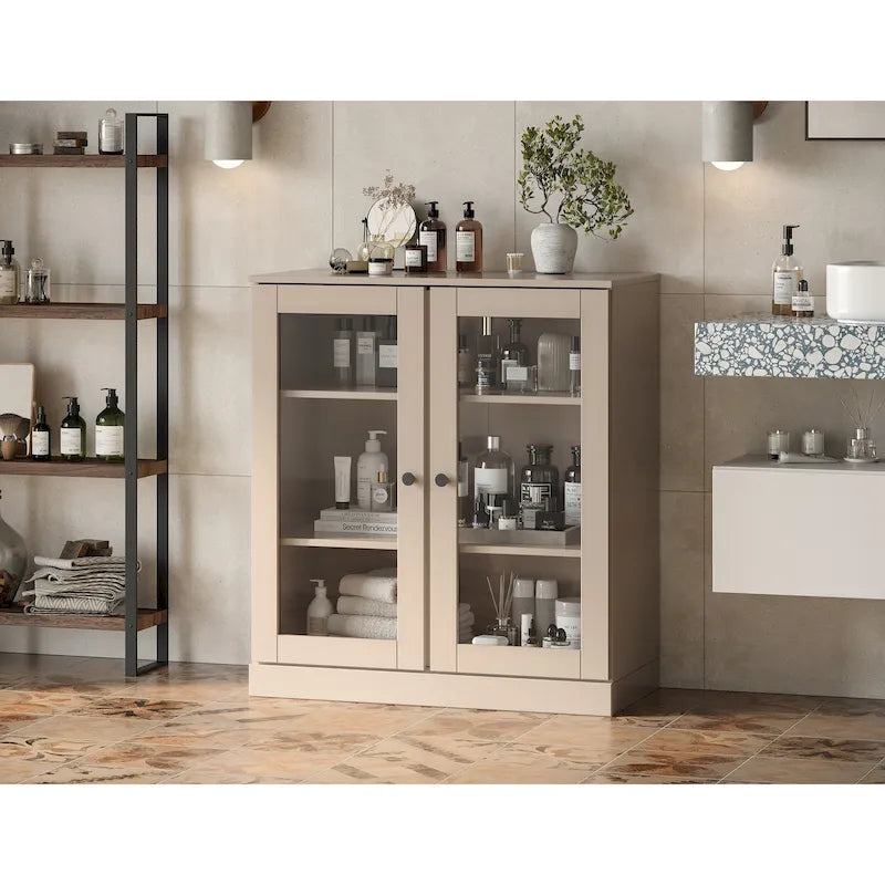 Meuble de salle de bain en bois massif 100%, 32 po, avec portes vitrées claires