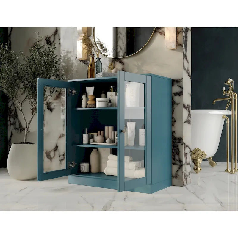 Meuble de salle de bain en bois massif 100%, 32 po, avec portes vitrées claires