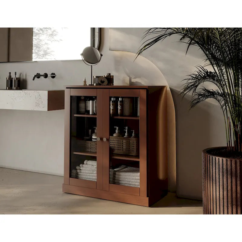 Meuble de salle de bain en bois massif 100%, 32 po, avec portes vitrées claires