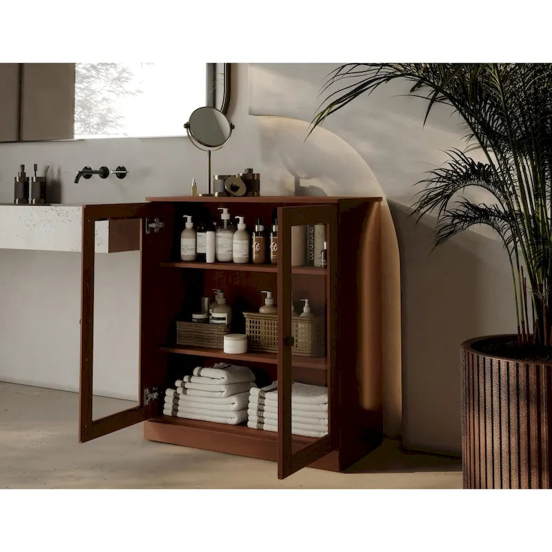 Meuble de salle de bain en bois massif 100%, 32 po, avec portes vitrées claires