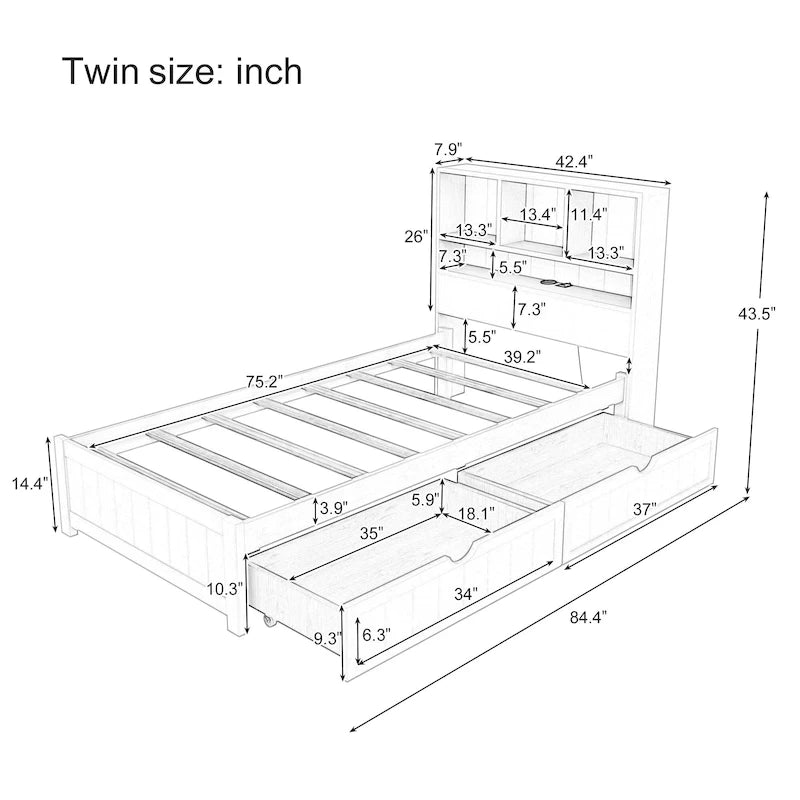 Lit plateforme de rangement avec 2 tiroirs, tête de lit bibliothèque et éclairage intégré