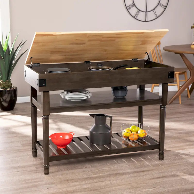 Îlot de cuisine de rangement gris transitionnel avec dessus en bois de boucher – 47,75"L