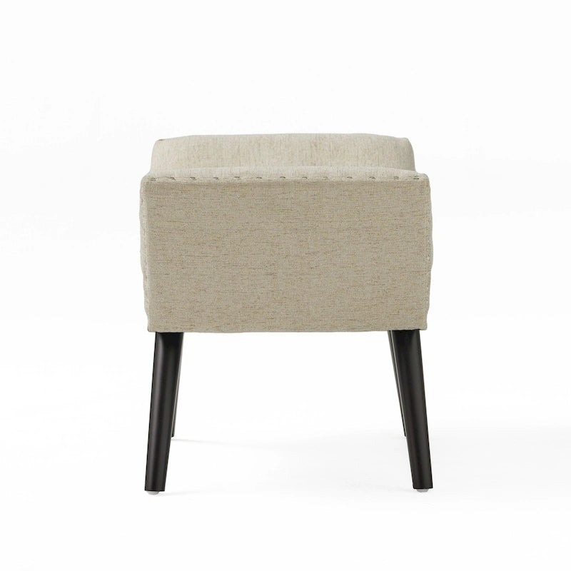 Banc ottoman en tissu capitonné avec clous décoratifs – Pieds inclinés, motif géométrique