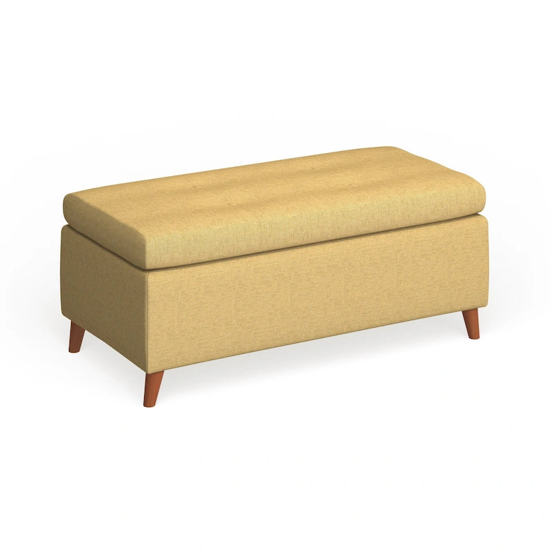 Banc de rangement ottoman du milieu du siècle – Rembourrage en tissu, bois de bouleau, capitonnage style biscuit