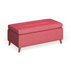 Banc de rangement ottoman du milieu du siècle – Rembourrage en tissu, bois de bouleau, capitonnage style biscuit
