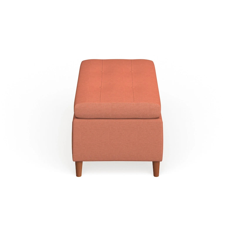Banc de rangement ottoman du milieu du siècle – Rembourrage en tissu, bois de bouleau, capitonnage style biscuit