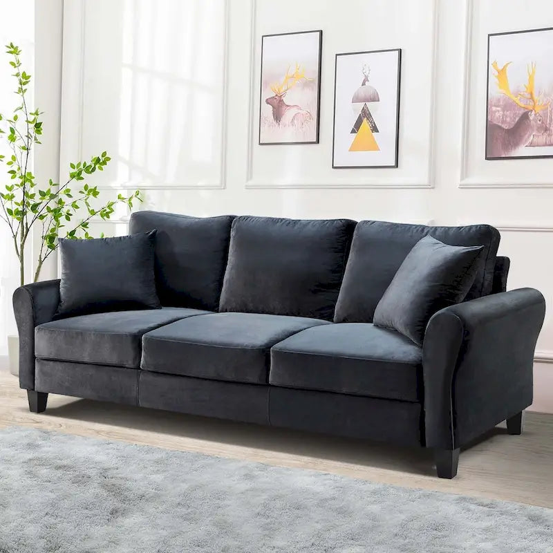 Canapé 3 places en velours capitonné avec 2 coussins, capacité de 272 kg