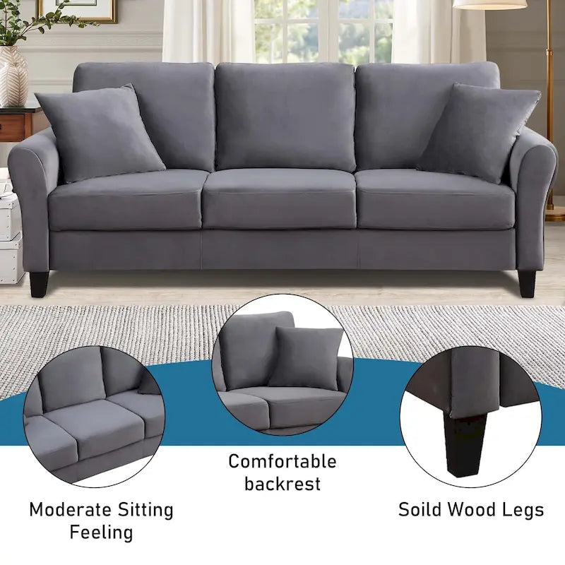 Canapé 3 places en velours capitonné avec 2 coussins, capacité de 272 kg
