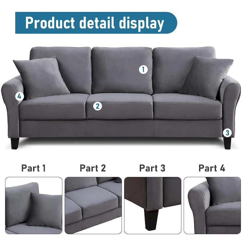 Canapé 3 places en velours capitonné avec 2 coussins, capacité de 272 kg