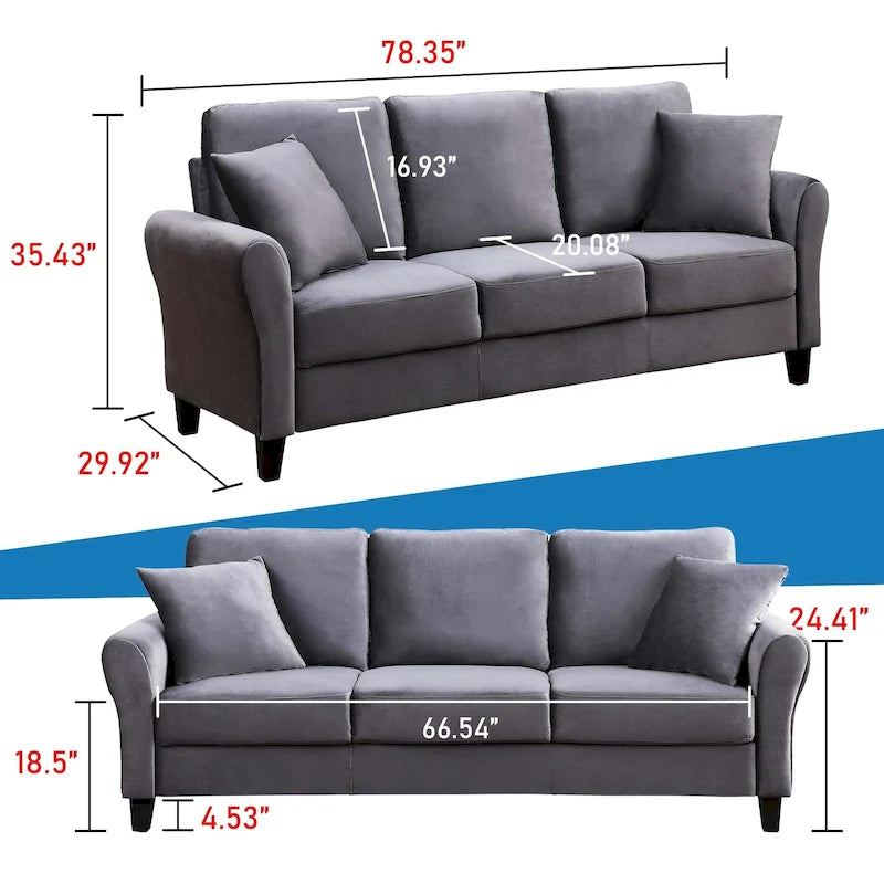 Canapé 3 places en velours capitonné avec 2 coussins, capacité de 272 kg
