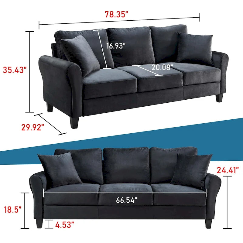 Canapé 3 places en velours capitonné avec 2 coussins, capacité de 272 kg