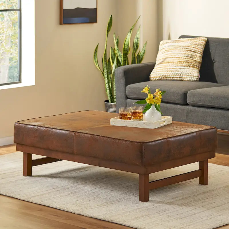 Pouf cocktail moderne en microfibre avec cadre en bois – Table basse, siège d'appoint, repose-pieds