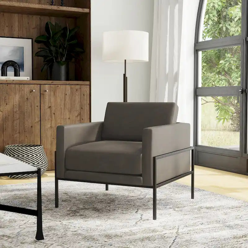 Fauteuil club contemporain rembourré avec cadre en métal noir mat – Fauteuil d'appoint