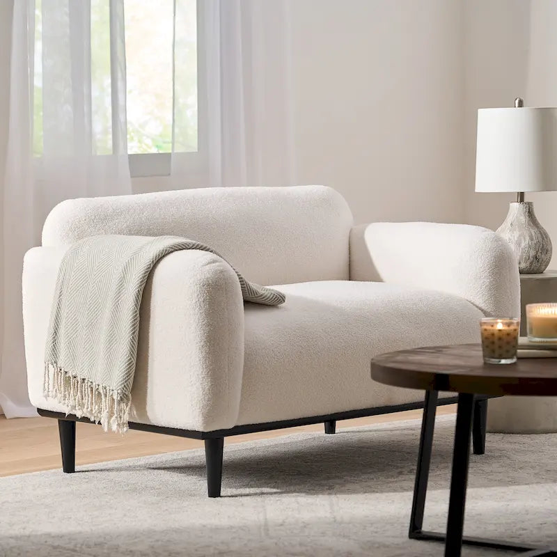 Causeuse contemporaine rembourrée – Tissu velours ou bouclé, pieds en bois de bouleau, 127 cm (50 po) de large