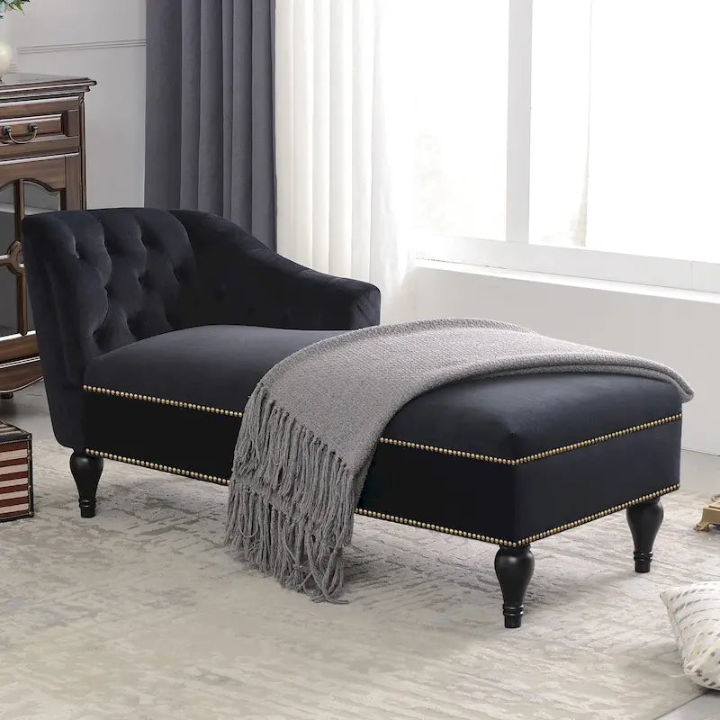 Méridienne en velours touffeté – Accoudoir droit, cloutée, pieds en bois massif, 113 kg