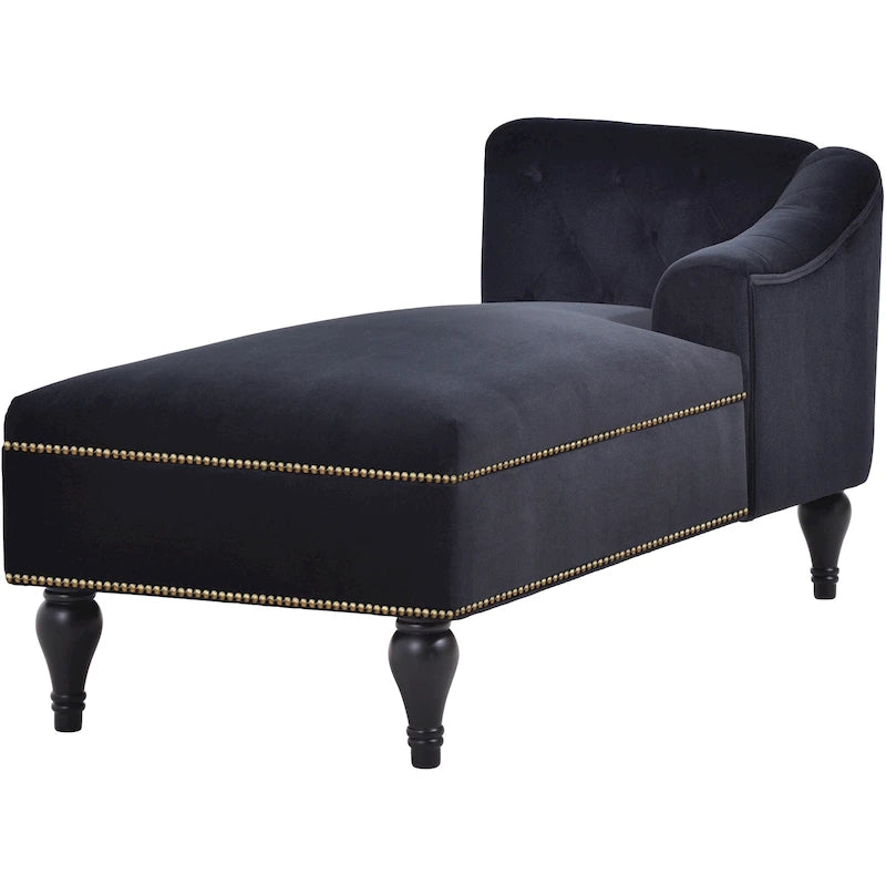 Méridienne en velours touffeté – Accoudoir droit, cloutée, pieds en bois massif, 113 kg