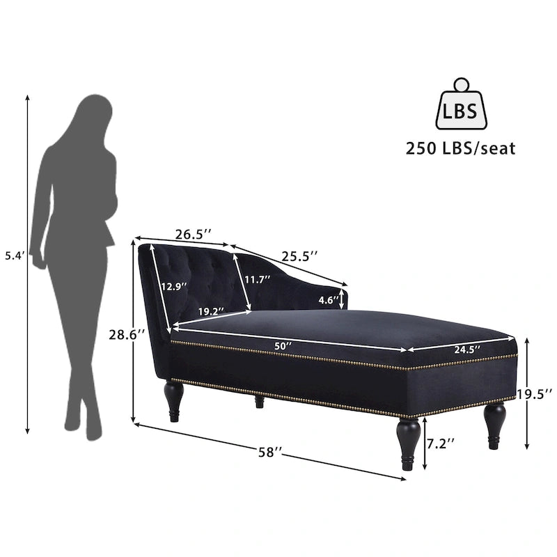 Méridienne en velours touffeté – Accoudoir droit, cloutée, pieds en bois massif, 113 kg