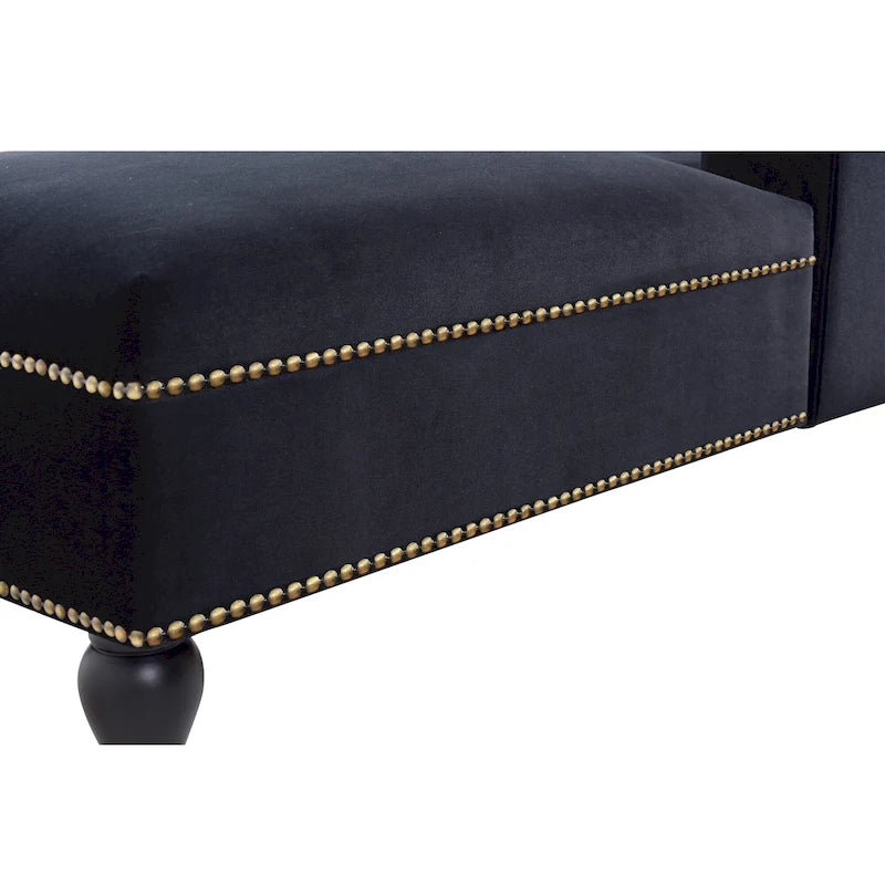 Méridienne en velours touffeté – Accoudoir droit, cloutée, pieds en bois massif, 113 kg