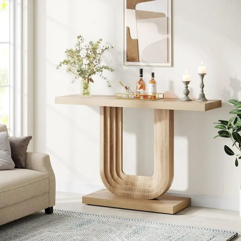 Console d'entrée étroite en bois de 99 cm avec base géométrique en U
