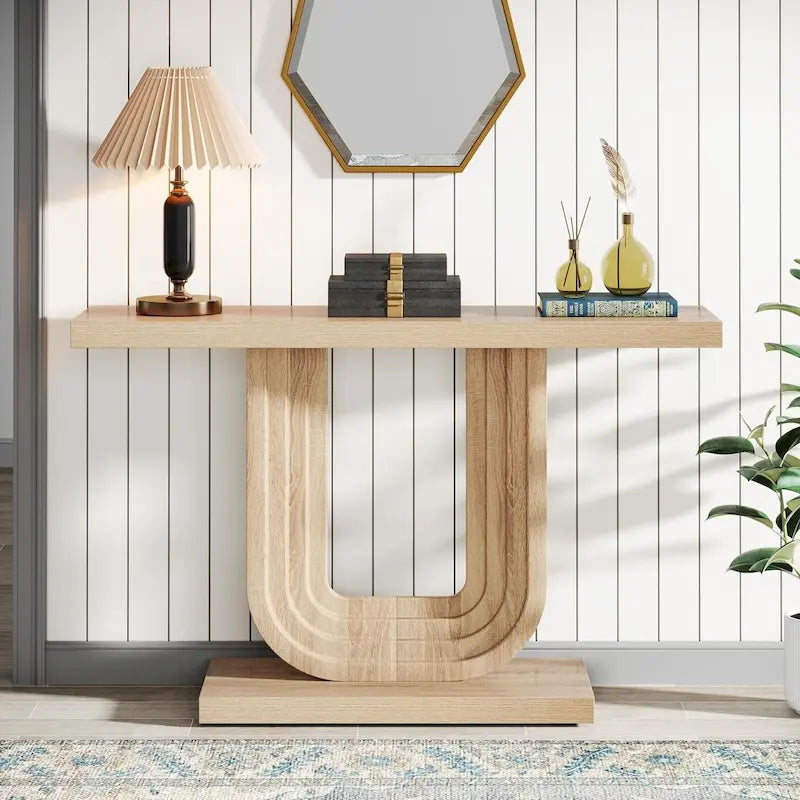 Console d'entrée étroite en bois de 99 cm avec base géométrique en U