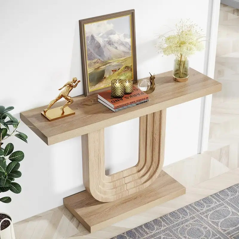 Console d'entrée étroite en bois de 99 cm avec base géométrique en U