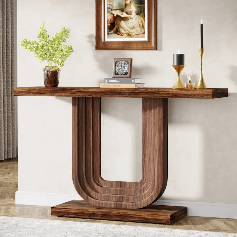 Console d'entrée étroite en bois de 99 cm avec base géométrique en U